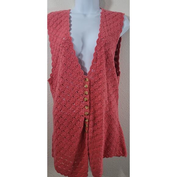 Worthington Orange Coral Crochet Button Up Sleeveless Cardigan Sweater XL Soft - Picture 1 of 5